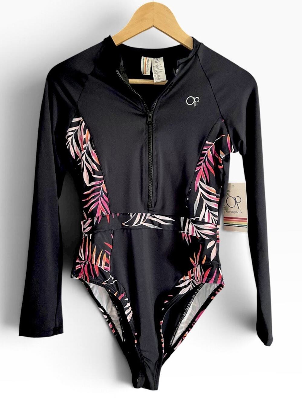 Ocean Pacific Op Long Sleeve 1 Piece Women's Swim Wear Bathing Suit Zipper SZ L
